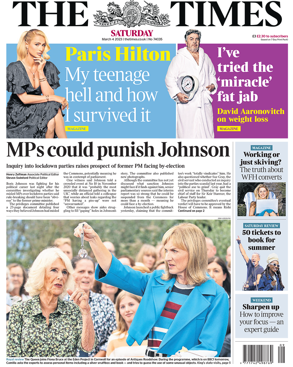 The headline in The Times reads: MPs could punish Johnson