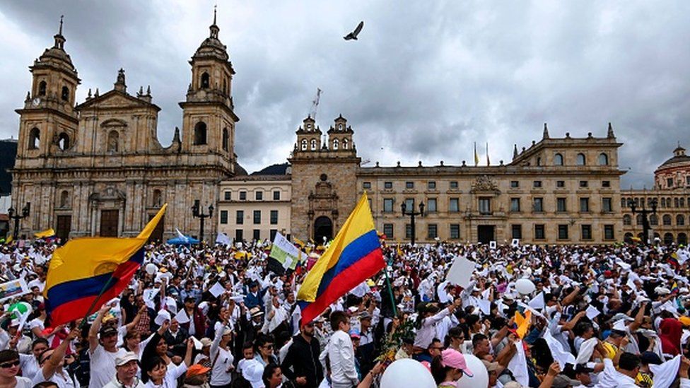 Colombians gather at Bolivar Square in Bogota
