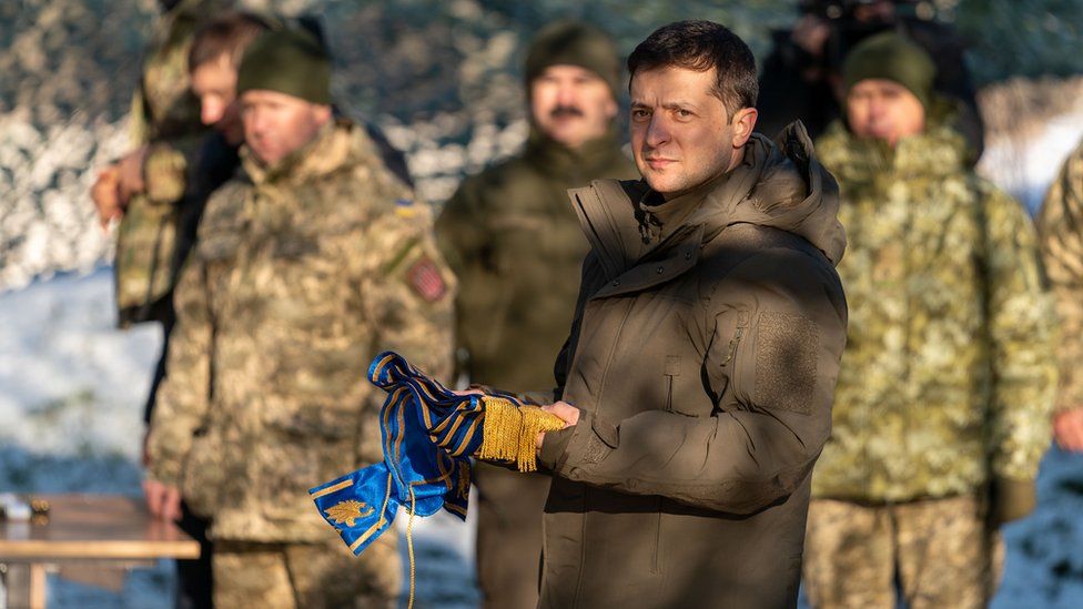 Ukrainian President Volodymyr Zelensky meets with servicemen while visiting the Donetsk region