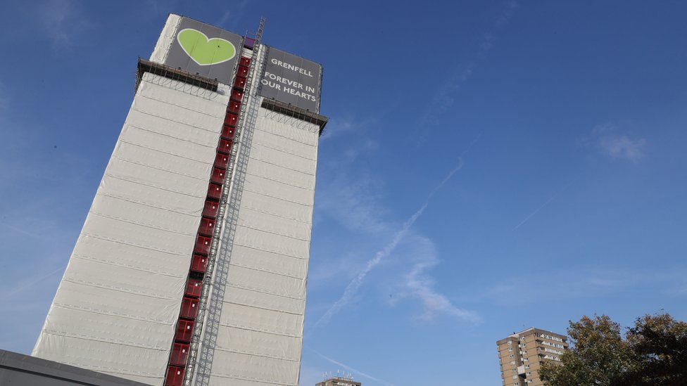 Grenfell Tower with tribute banner
