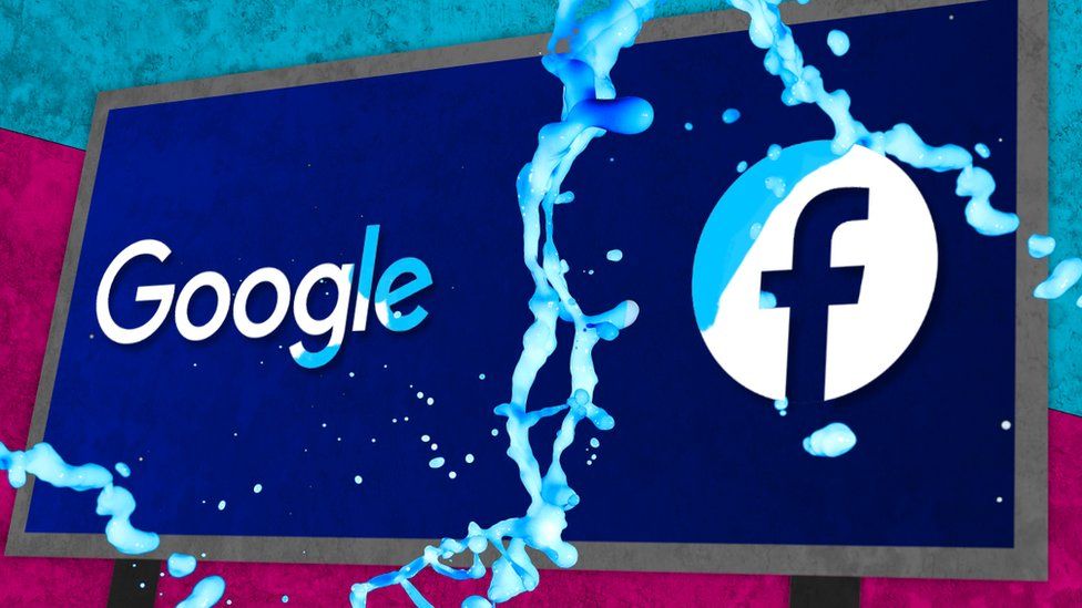 Facebook and Google logos on a billboard