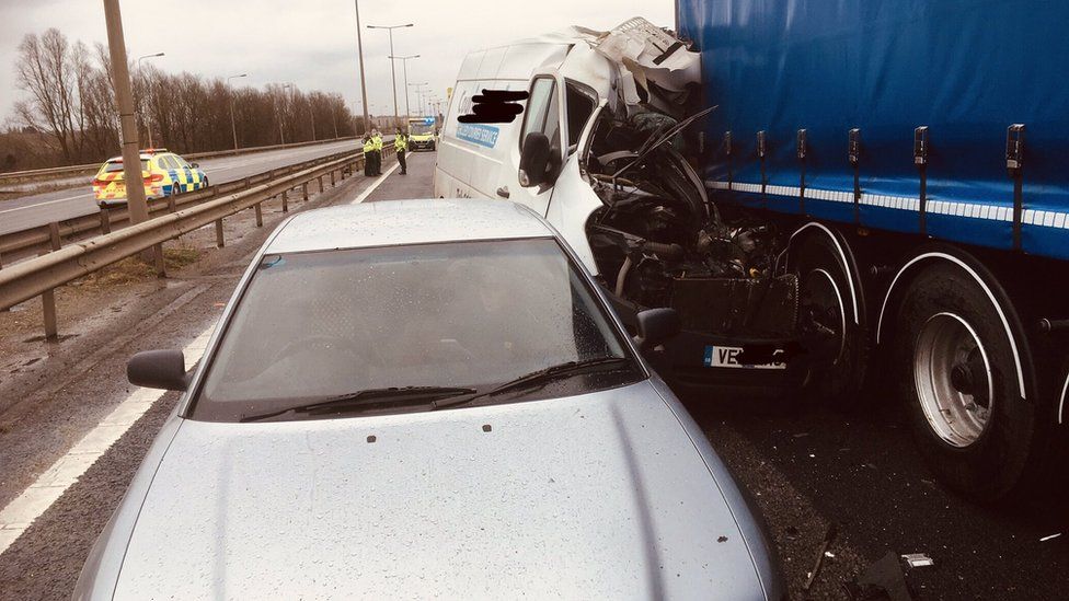 M11 Crash Police Amazed As Van Driver Avoids Serious Injury Bbc News [ 549 x 976 Pixel ]