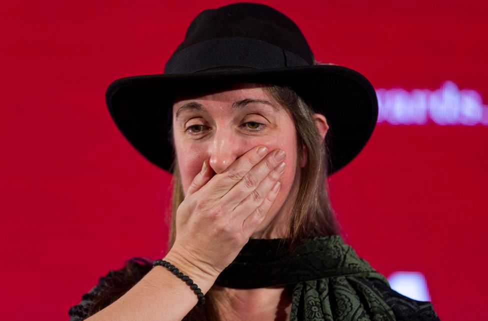 British author Frances Hardinge reacts after being awarded the overall winner of the Costa Book Awards 2015 for her Children's Book The Lie Tree in London on January 26, 2016.