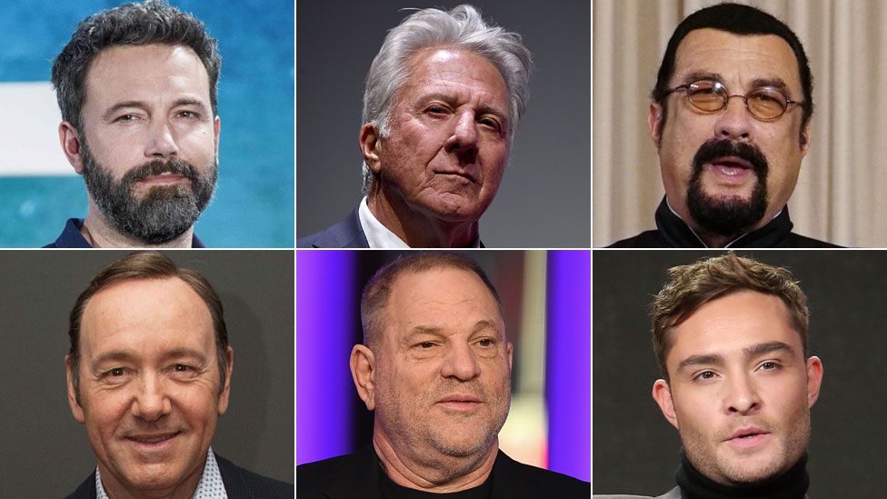 Clockwise from top left: Ben Affleck, Dustin Hoffman, Steven Seagal, Ed Westwick, Harvey Weinstein, Kevin Spacey