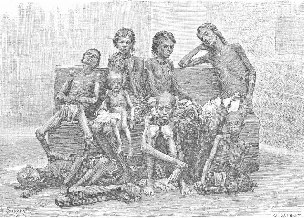 Antique print of Indian famine victims, 1885