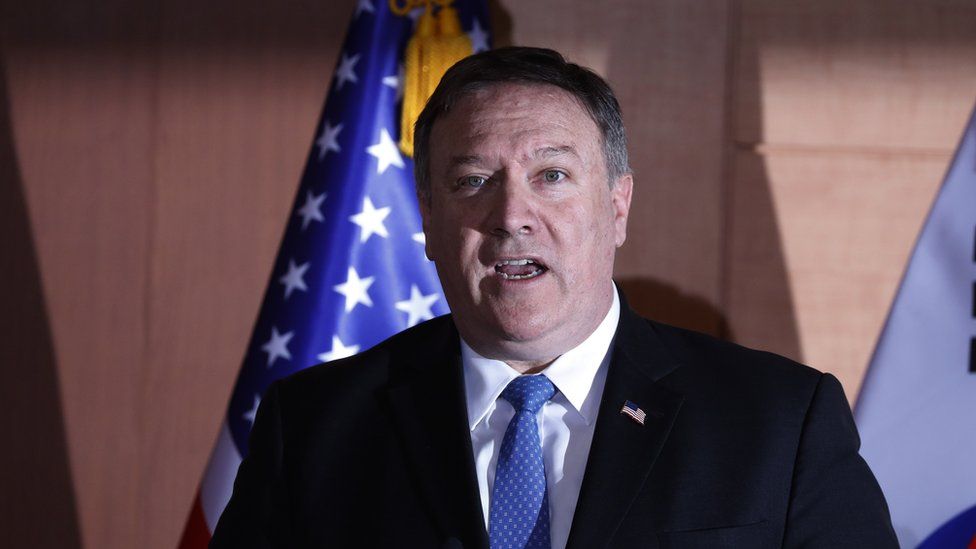 US Secretary of State Mike Pompeo speaks during a joint press conference with South Korean Foreign Minister Kang Kyung-wha and Japan"s Foreign Minister Taro Kono
