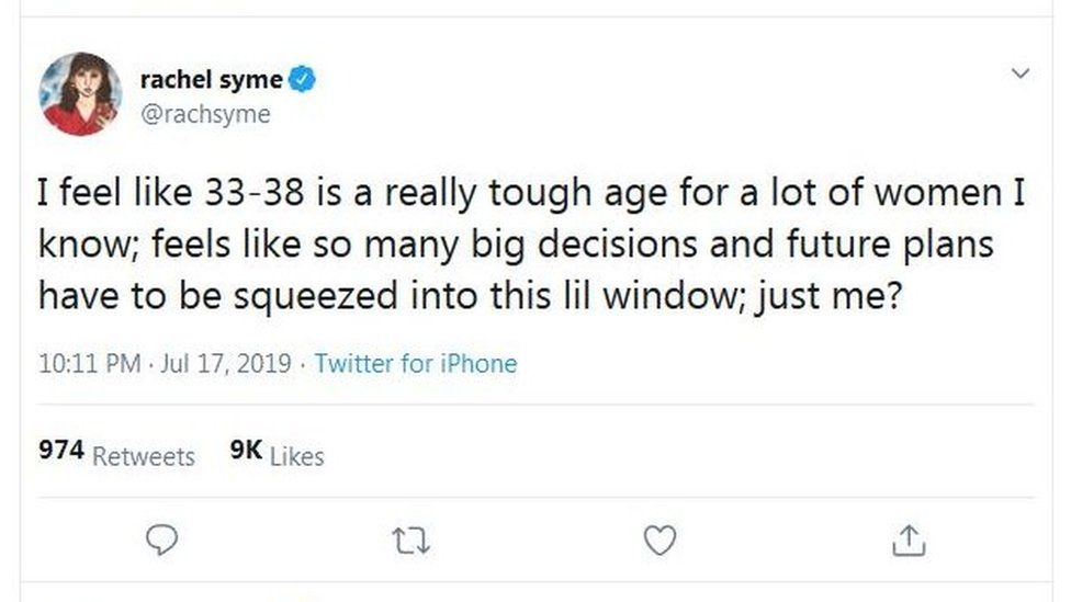 @rachsyme tweet: "I feel like 33-38 is a really tough age for a lot of women I know; feels like so many big decisions and future plans have to be squeezed into this lil window; just me?"