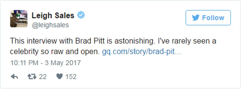 Tweet: "This interview with Brad Pitt is astonishing. I've rarely seen a celebrity so raw and open."