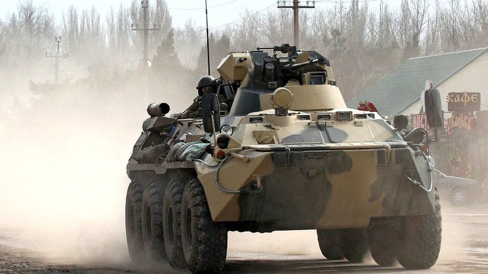 Russian armoured vehicle on a street in Armyansk