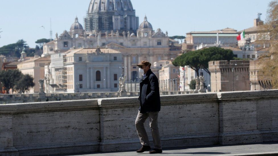 Man walking past St Peter's Basilica