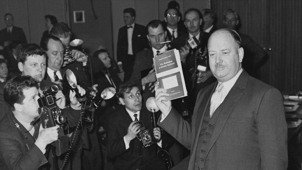 Richard Beeching at a press conference in 1963