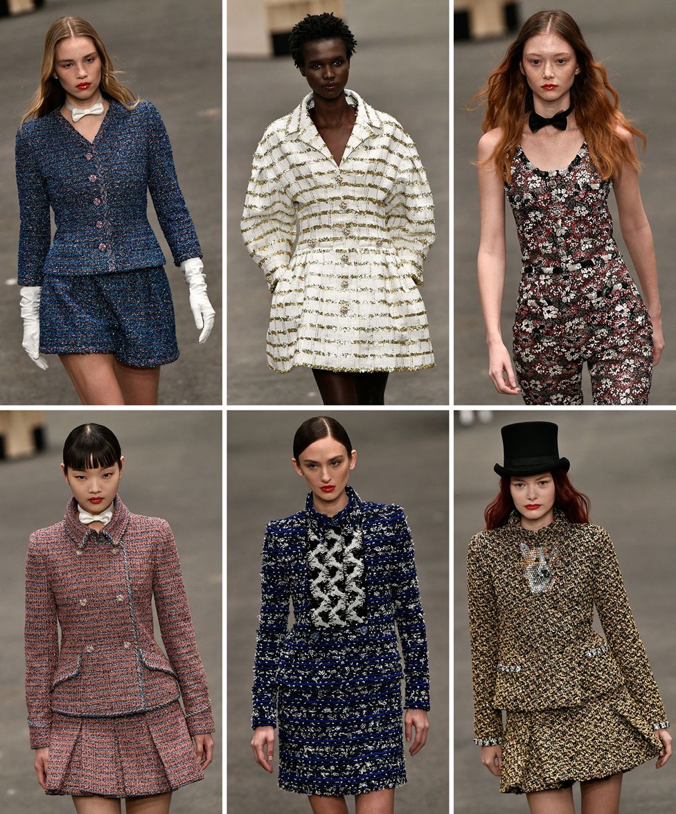 This combination of pictures created on January 24, 2023 shows models presenting creations from Chanel Haute-Couture Spring-Summer 2023-2024 collection during Paris Fashion Week in Paris, on January 24, 2023.