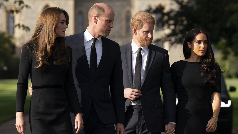 The Princess of Wales, the Prince of Wales and the Duke and Duchess of Sussex walk to meet members of the public at Windsor Castle in Berkshire following the death of Queen Elizabeth II