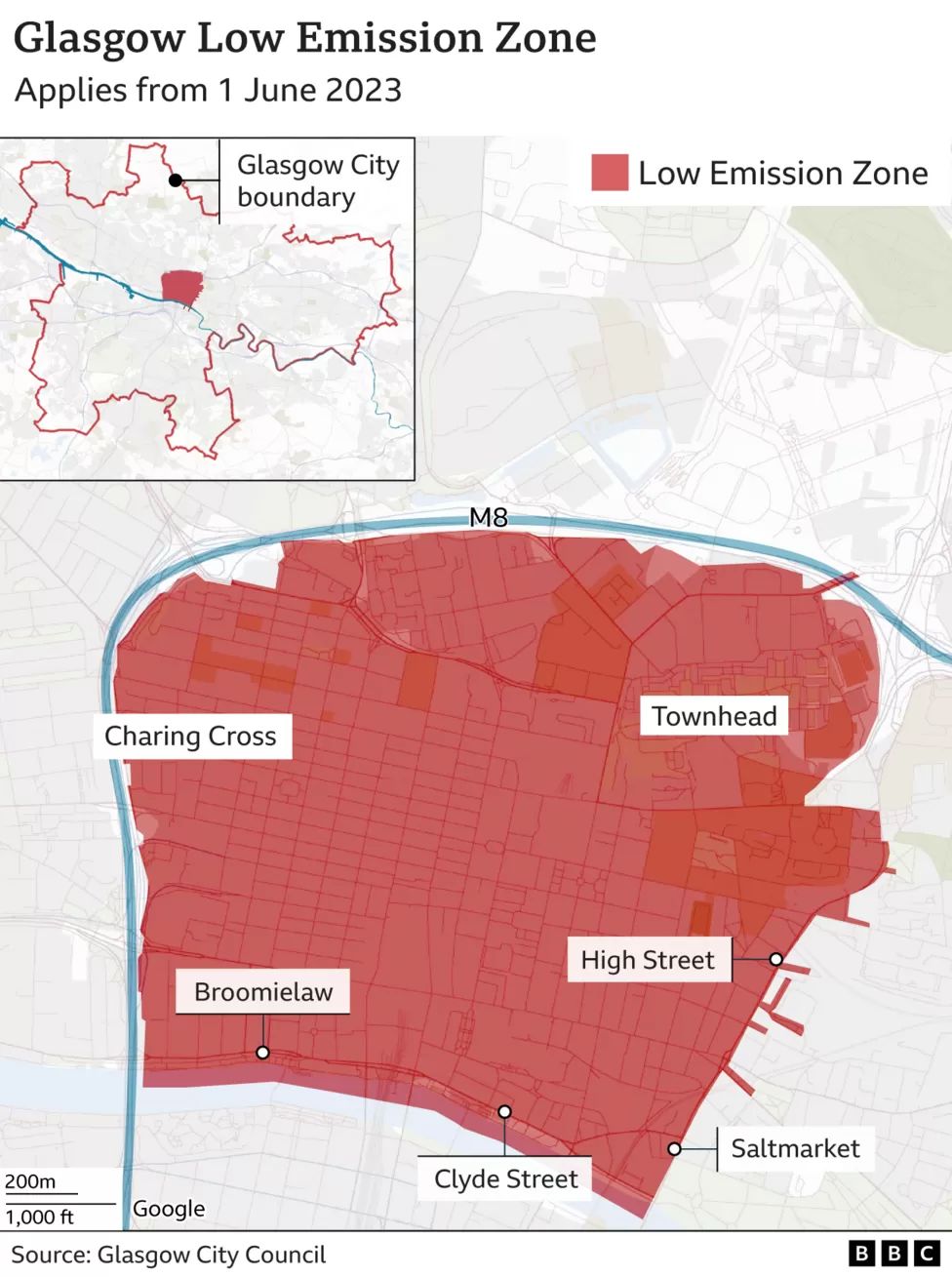 Glasgow's Low Emission Zone boundary map