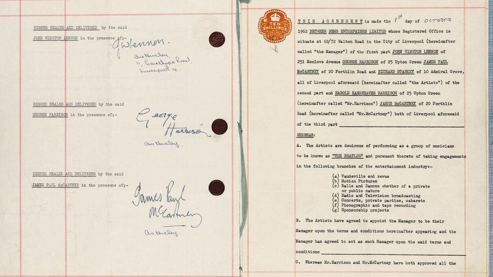 Beatles' contract signed by Brian Epstein sells for £365,000 - BBC News