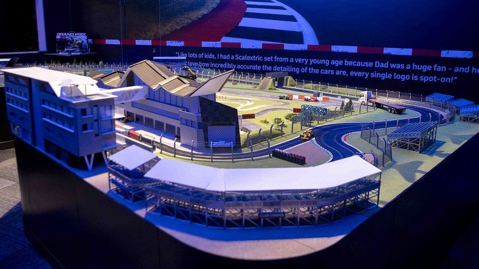 The 25 metre long Scalextric track which is modelled on Silverstone Circuit