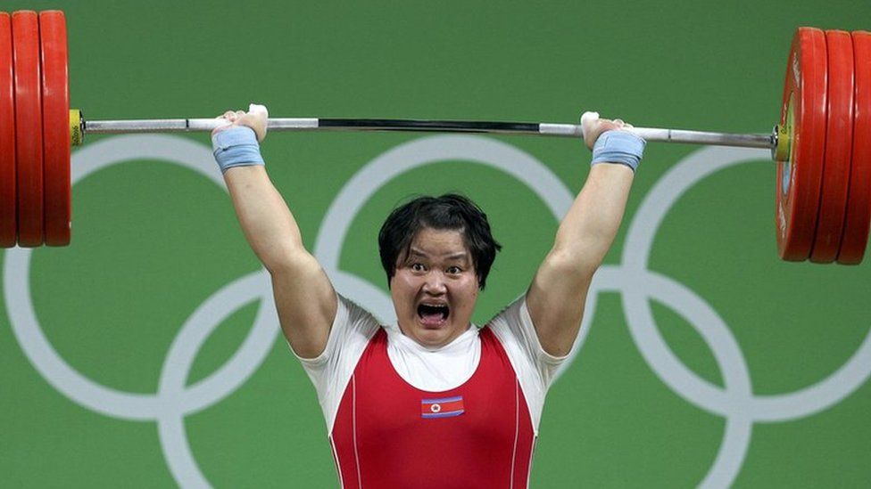 Kuk Hyang Kim (PRK) of North Korea competes in weightlifting at the Rio Olympics