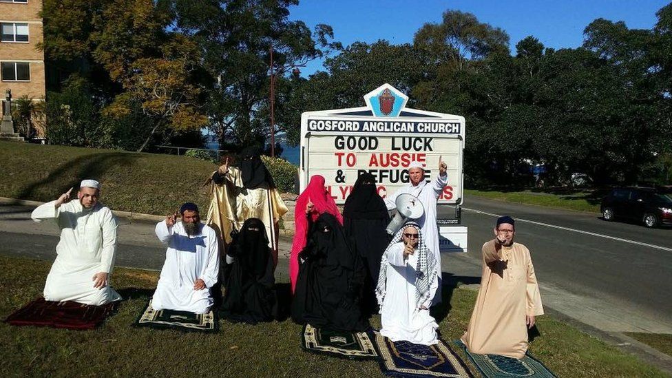 Anti-Islam protestors stage a demonstration outside Gosford Anglican Church