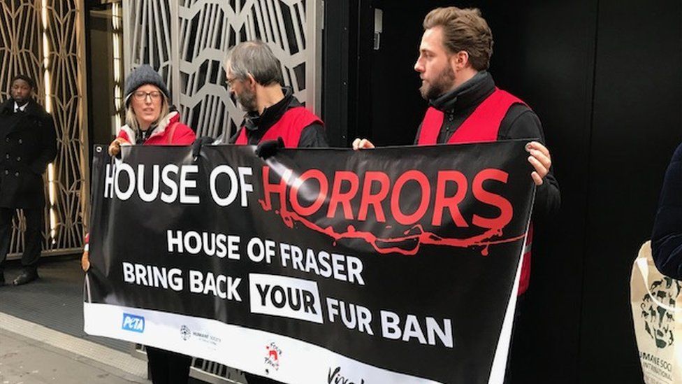 Animal rights protesters campaigning outside the Sports Direct shareholder meeting