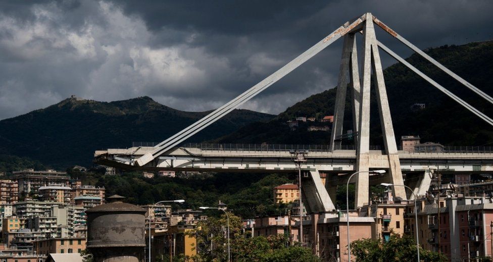 A picture shows the collapsed Morandi motorway bridge in Genoa on 2 September, 2018.