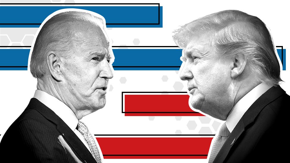 Headshots of Joe Biden and Donald Trump facing each other