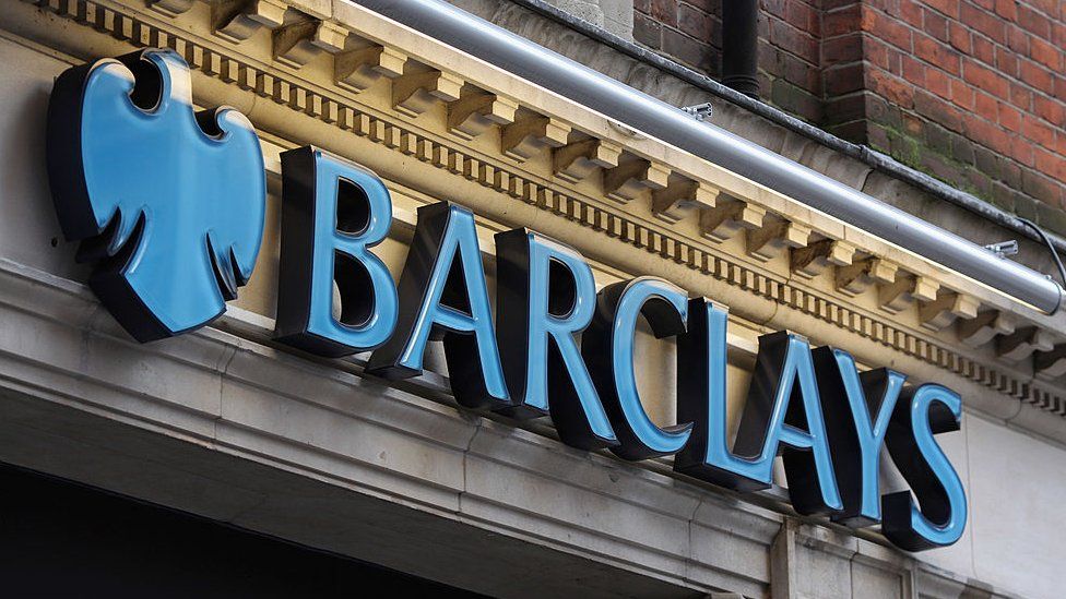 The signage of a branch of Barclays bank in central London