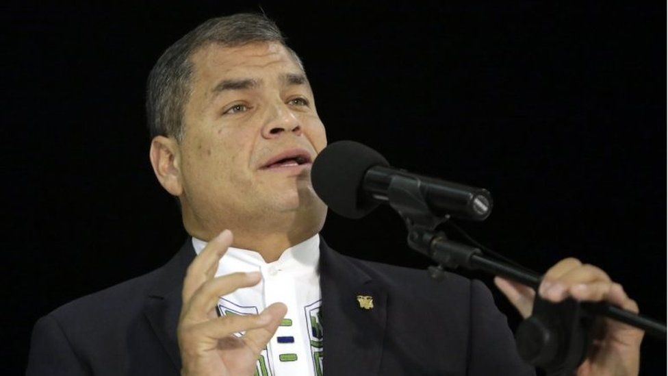 President of Ecuador Rafael Correa speaks after his arrival at the Rafael Nunez airport for the 25th Iberoamerican Summit in Cartagena, Colombia, 28 October 2016.
