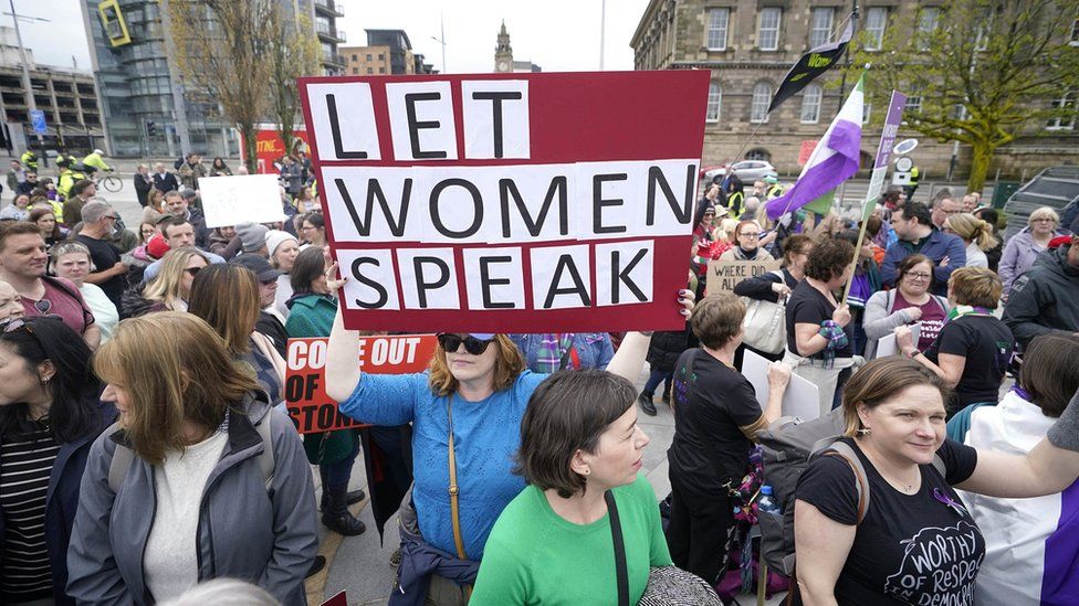 People during a Let Women Speak rally in Belfast.