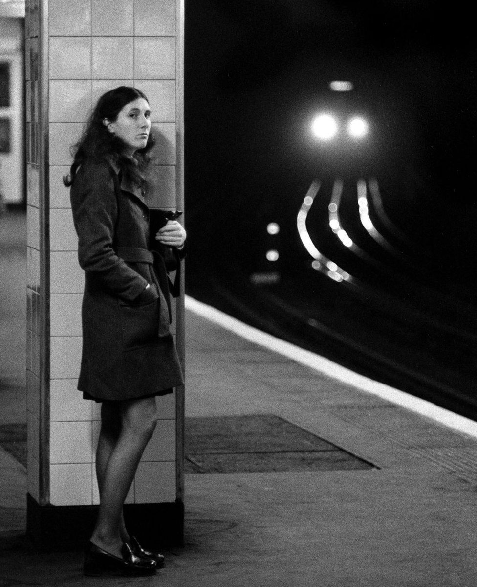Woman on a platform, Moorgate, 1973