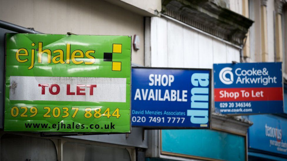 To let signs are displayed on empty buildings in the city centre