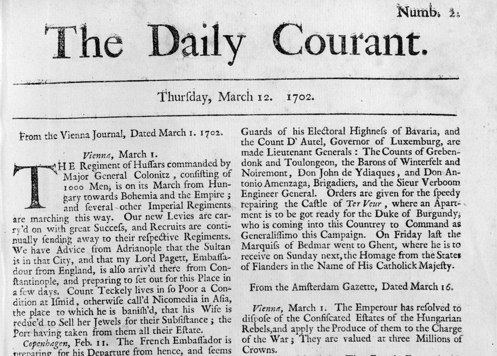 The second edition of The Daily Courant, published on 12 March, 1702.