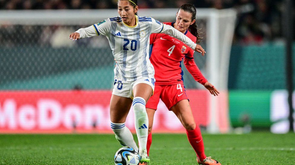 Quinley Mirielle Quezada (L) of Philippines Women soccer team and Tuva Hansen (R) of Norway Women Soccer team seen in action during the FIFA Women's World Cup 2023 match between Philippines and Norway at Eden Park