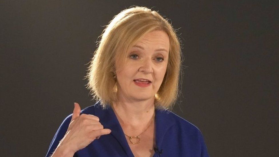 Liz Truss speaking during a hustings event at the All Nations Centre in Cardiff