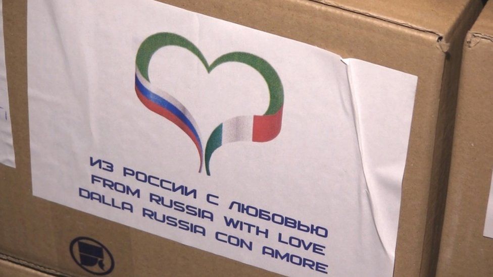 Packaging on the side of medical equipment sent to Italy reads "From Russia With Love"