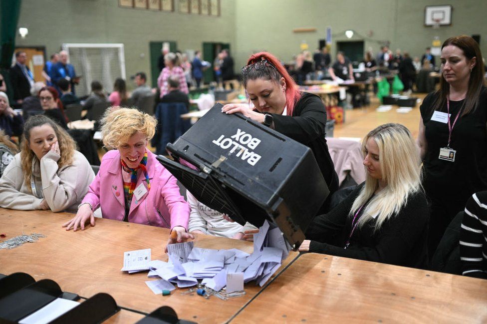 Ballots are emptied out for sorting at the count centre in Blackpool, north-west England on May 2, 2024, during the Blackpool South by-election.
