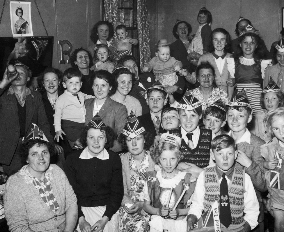 Families come together to celebration the 1953 coronation at the White Lion pub, Arbury Road, Stockingford
