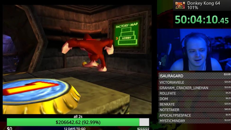 Screenshot of a streamed Donkey Kong 64 video game being played by Hbomberguy