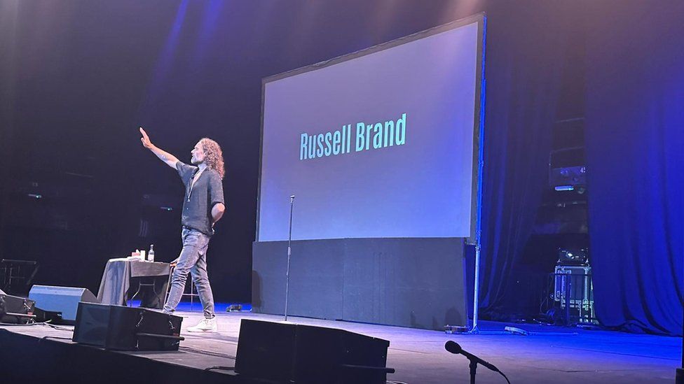 Russell Brand on stage at the Troubadour Wembley Park Theatre on Saturday evening.