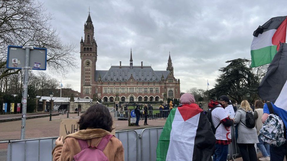 Demonstrators outside the UN's top court in February