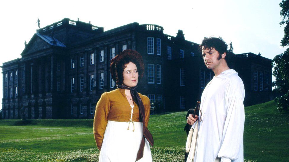 Jennifer Ehle as Elizabeth Bennet and Colin Firth (seen here after he has emerged from the lake in a wet shirt) as Fitzwilliam Darcy