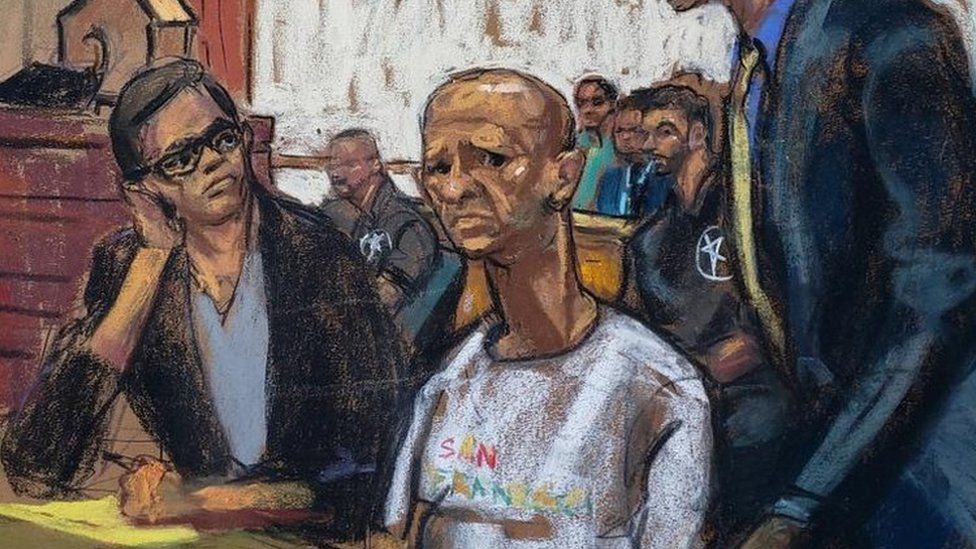 A courtroom sketch showing the accused