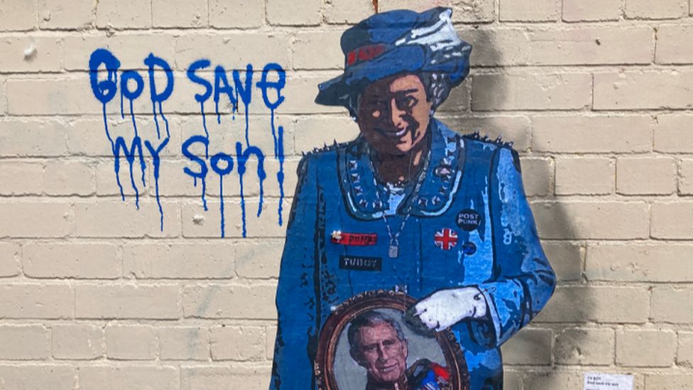 Banksy-style mural of the late Queen