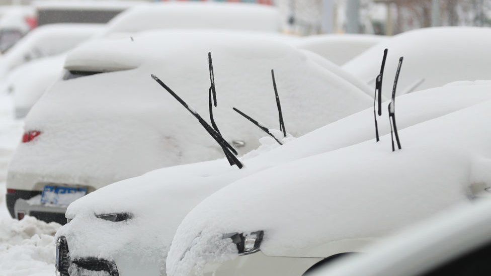 Snow-covered vehicles are seen after a snowfall on November 9, 2021 in Shenyang