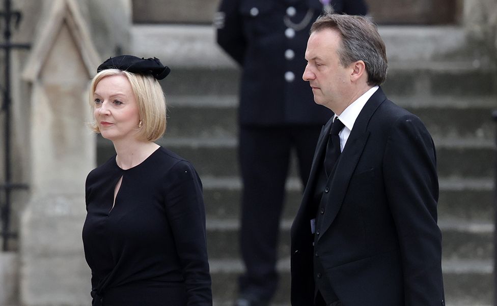 Prime Minister of The United Kingdom, Liz Truss and Hugh O'Leary arrive at Westminster Abbey on 19 September 2022 in London