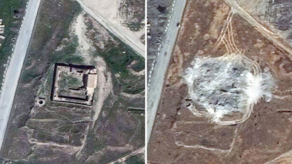 Satellite images provided by DigitalGlobe, taken on 31 March 2011 and 28 September 2014 showing the site of St Elijah's Monastery, or Deir Mar Elia, on the outskirts of Mosul, Iraq