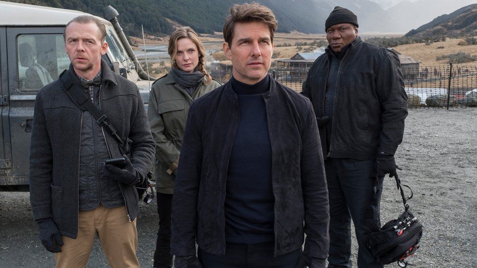 From left to right: Simon Pegg, Rebecca Ferguson, Tom Cruise and Ving Rhames