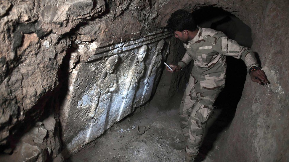 Iraqi forces have come across archaeological findings in underground tunnel created by the jihadists in east Mosul