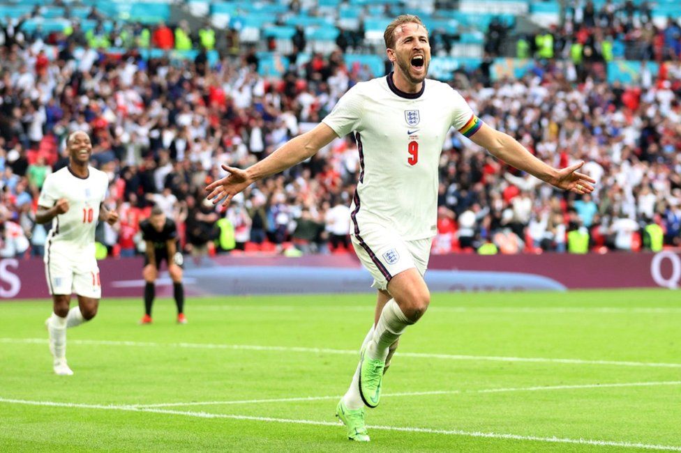Harry Kane celebrates after scoring during a Euro 2020 match between England and Germany at Wembley Stadium in June 2021