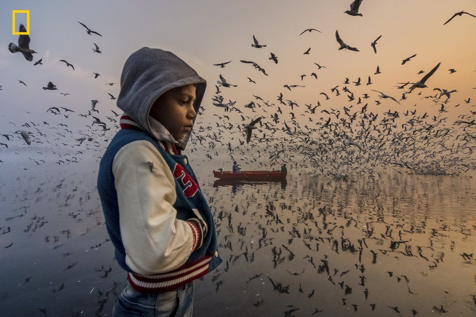 A boy is lost in thought with birds swooping around him