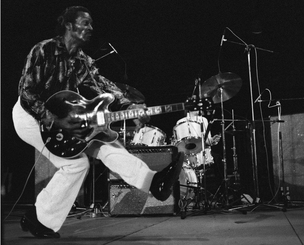 US rock singer Chuck Berry plays in concert in Vienne, France on 10 July, 1981